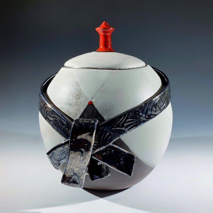 Blackware lidded globe vessel with obi sash